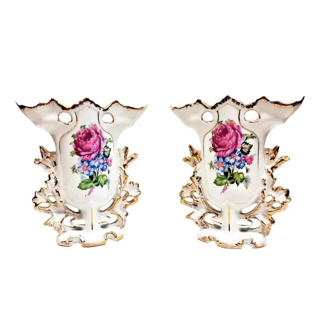 Pair Antique PORTUGAL Old Paris Style Spill Vases w Roses Daisies Circa 1900s